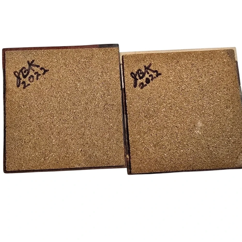 JEK Signed Handmade Mixed Wood Patchwork Coasters Set of 2 Cork Backing 2022